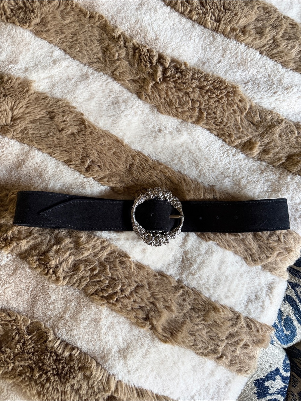 Free People Black Suede Belt with Ornate Silver Buckle